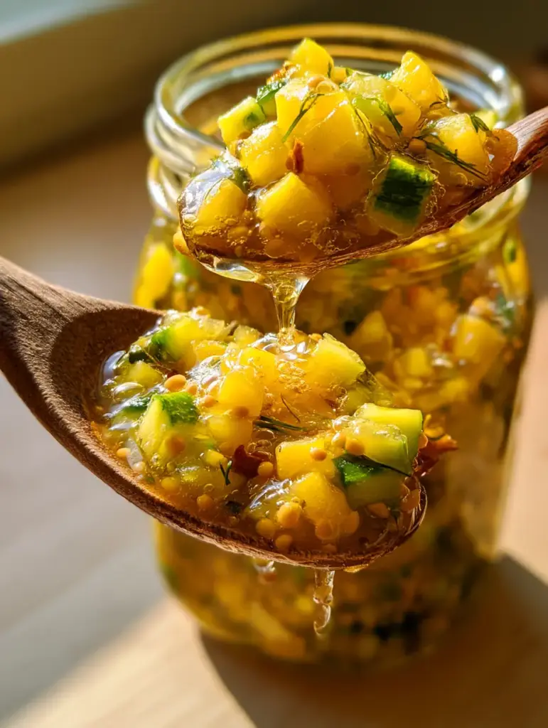 Fermented Summer Squash Relish with Zucchini and Fresh Dill 1 A rustic wooden spoon lifting a generous dripping scoop of raw yellow and green squash relish from a jar. (fermented summer squash relish)