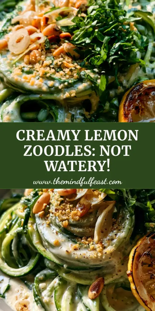 Vegan Lemon Garlic Zucchini Pasta with Creamy Sauce 4 A top-down view of vegan lemon garlic zucchini pasta in a ceramic bowl with basil and pine nuts.