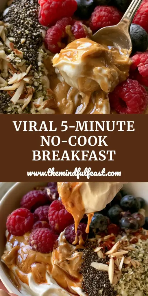 No-Cook Breakfasts: High-Protein Berry & Almond Butter Yogurt Bowl 3 A top-down view of a high-protein yogurt bowl featuring raspberries, blueberries, and a heavy almond butter drizzle, one of the best no-cook breakfasts.