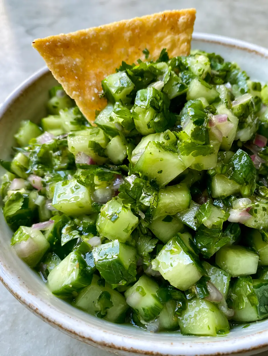 Chunky Cucumber Salsa: The Refreshing, Crunchy Summer Appetizer 3 Extreme close-up of a rustic white bowl overflowing with chunky cucumber salsa and a golden chip. (chunky cucumber salsa)