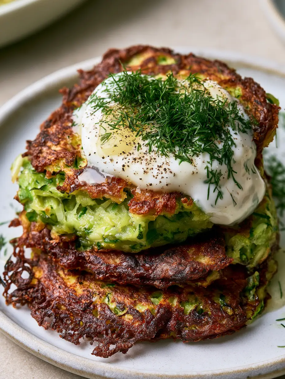 Zucchini Fritters: The Ultimate Guide to Ultra-Crispy Golden Perfection 3 Close-up of a zucchini fritter snapped in half showing the vibrant green interior of shredded zucchini and scallions.