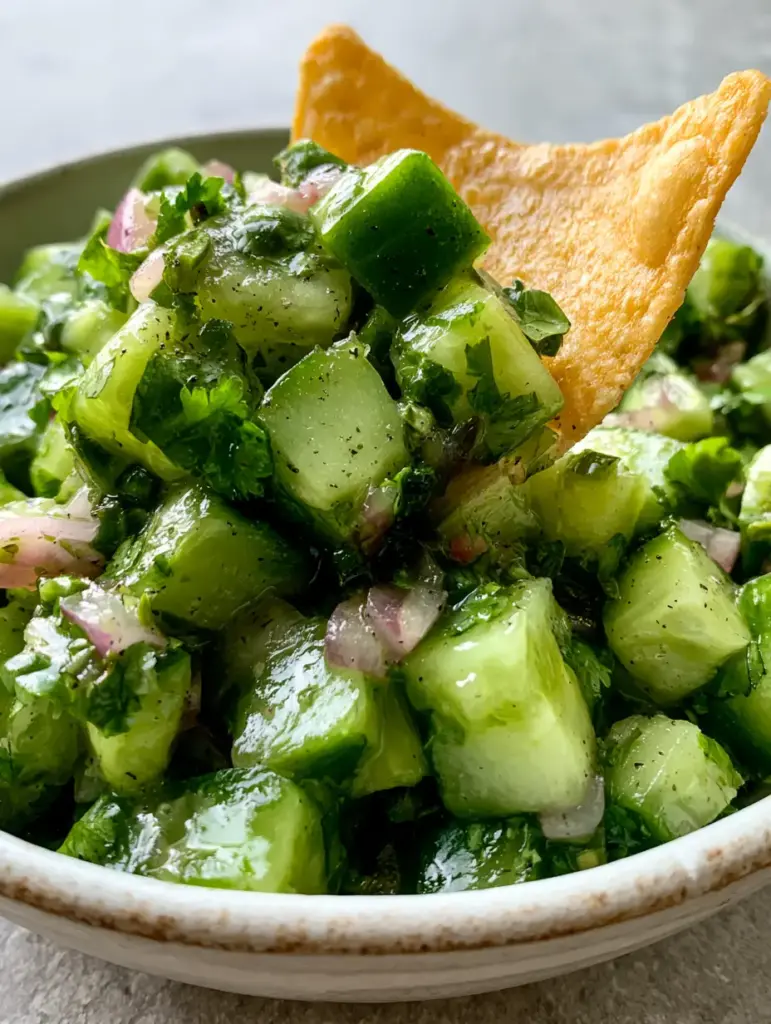 Chunky Cucumber Salsa: The Refreshing, Crunchy Summer Appetizer 1 45-degree angle shot of wet, glossy cucumber salsa with red onions and cilantro.