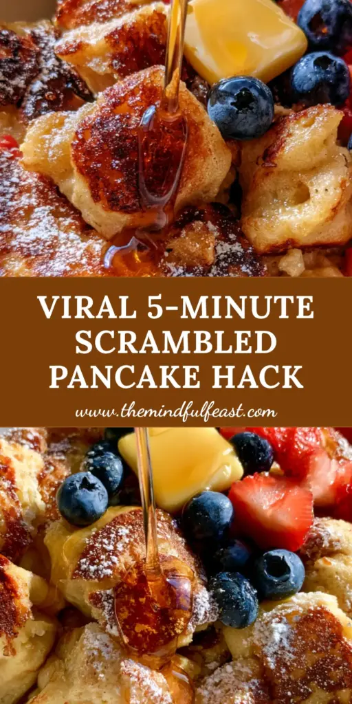 Scrambled Pancakes: The Viral Fluffy Breakfast Hack You Need 5 A top-down view of scrambled pancakes in a white bowl with melting butter, strawberries, and blueberries. (scrambled pancakes)