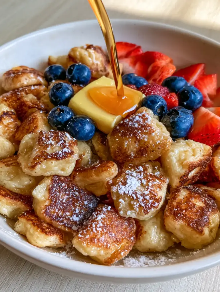 Smartphone photo of scrambled pancakes with thick maple syrup pouring over clusters. (scrambled pancakes)