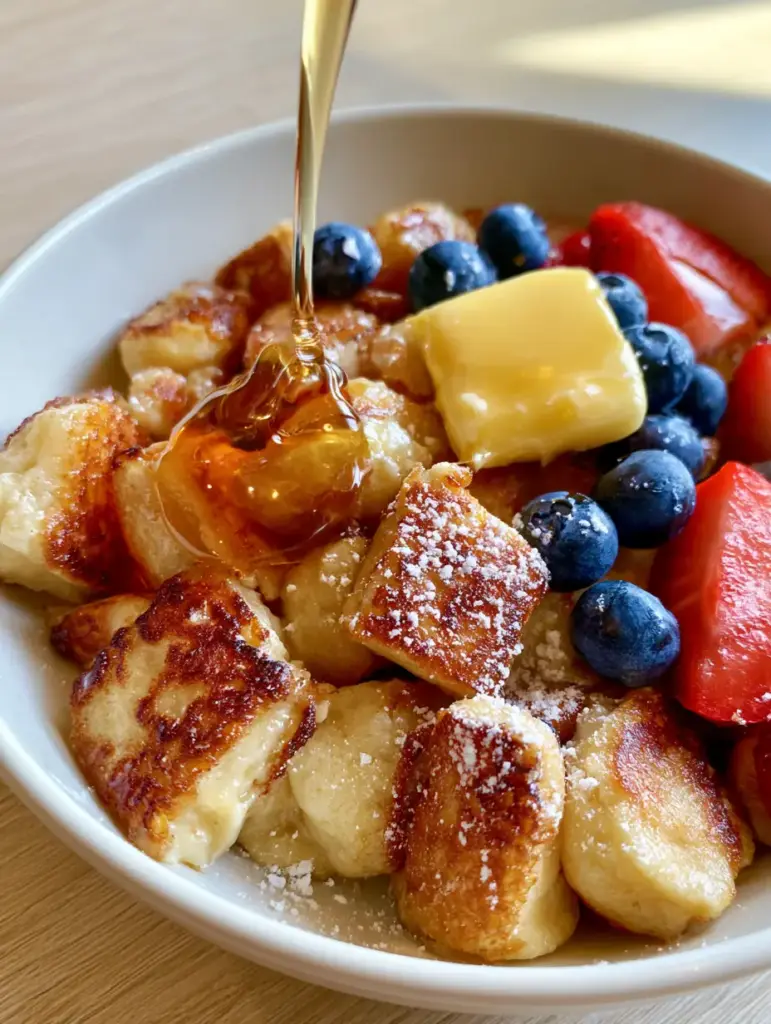 Scrambled Pancakes: The Viral Fluffy Breakfast Hack You Need 1 Close up of caramelized scrambled pancake bites with powdered sugar and fresh strawberries.