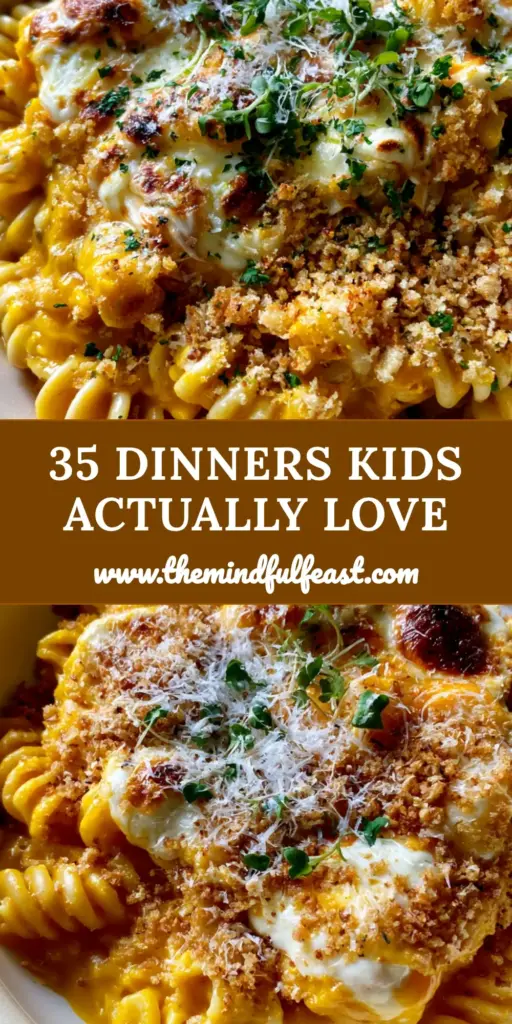 A bubbling golden butternut squash rotini bake in a matte stoneware bowl, perfect for kid-friendly dinners.