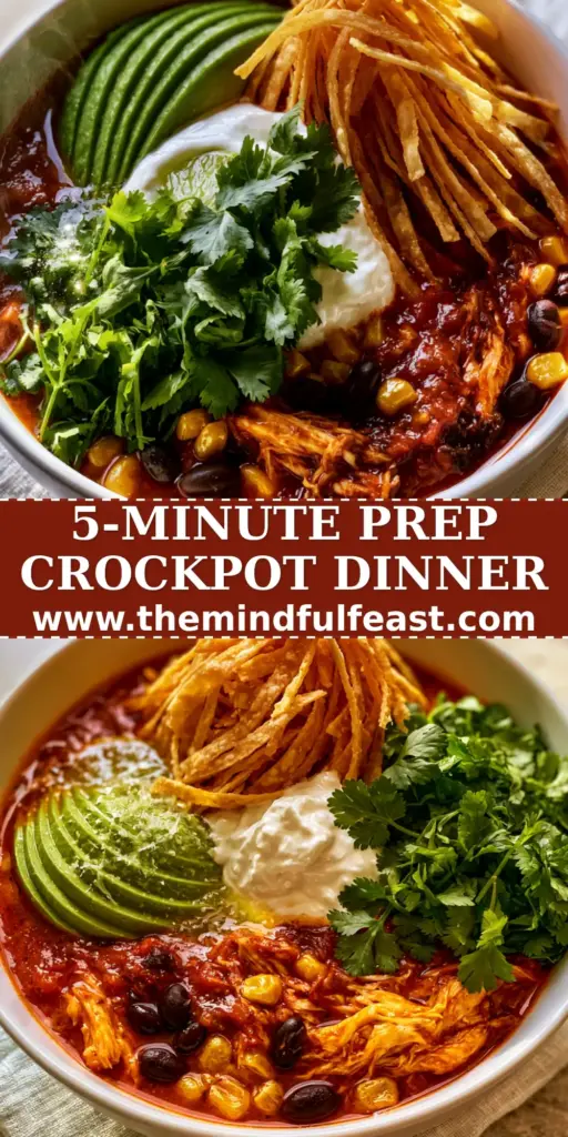 Chicken Tortilla Dump Dinner: The Ultimate Easy Weeknight Feast 4 A high-angle shot of a white bowl filled with Chicken Tortilla Dump Dinner, topped with fanned avocado and golden tortilla strips.