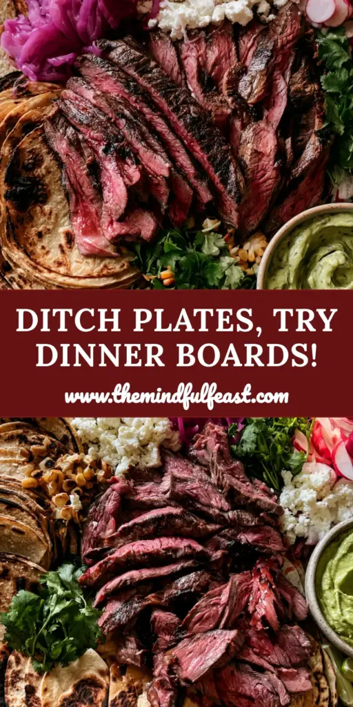 A rustic wooden taco board overflowing with seared skirt steak, charred tortillas, and lime-green avocado crema, illustrating fun dinner ideas.