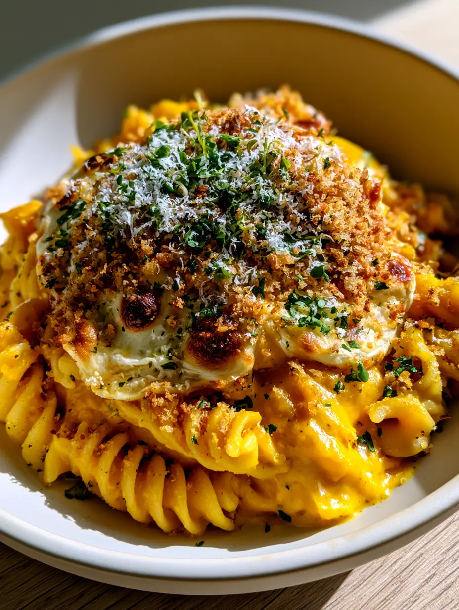 Close up of vibrant golden rotini pasta with bubbly mozzarella and micro-parsley. (kid-friendly dinners)