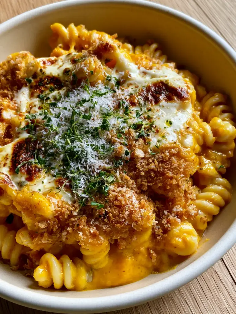Wide shot of a cream stoneware bowl with toasted panko pasta bake on an oak table.