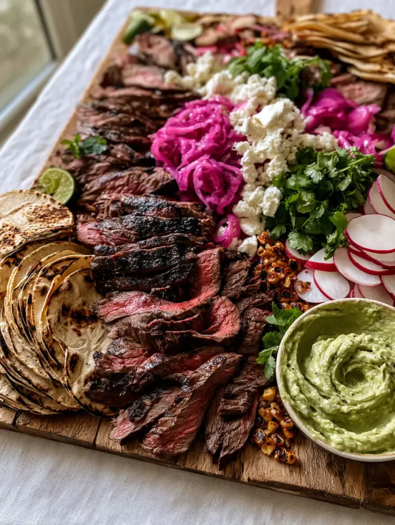 Close-up of glistening seared skirt steak strips and charred corn tortillas on a wooden board.