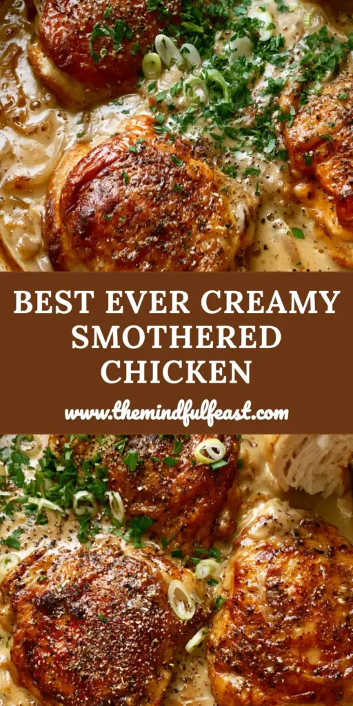 Smothered Chicken with Velvety Onion Gravy and Crispy Amber Skin 3 An overhead shot of Southern smothered chicken in a cast iron skillet with thick onion gravy and fresh parsley. (smothered chicken)