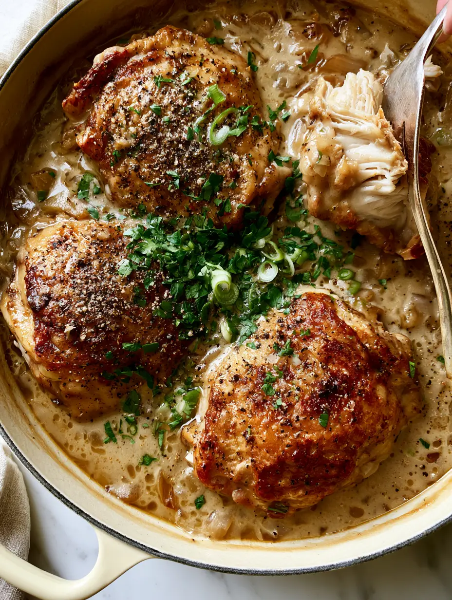 Smothered Chicken with Velvety Onion Gravy and Crispy Amber Skin 4 Close-up of golden-brown smothered chicken thighs submerged in thick blonde onion gravy with scallions. (smothered chicken)
