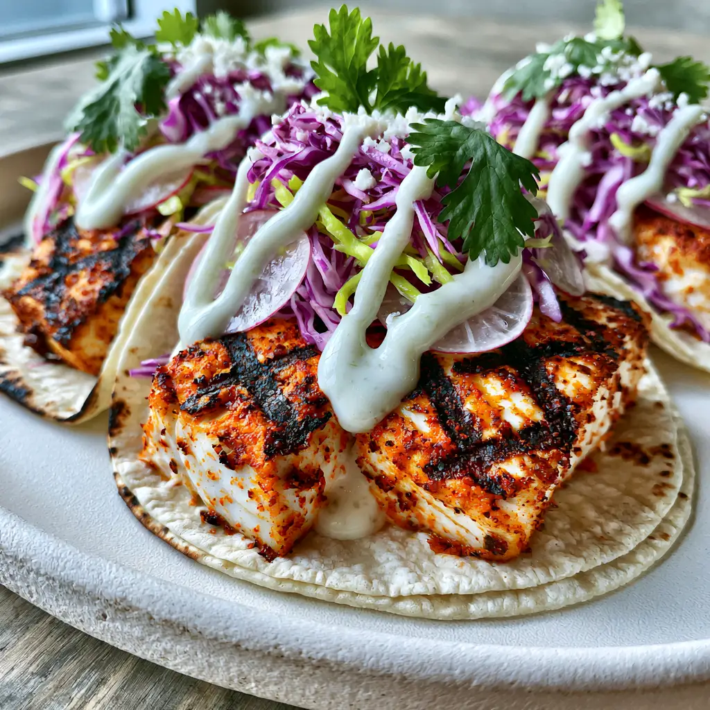 Grilled Fish Tacos with Chili-Lime Mahi Mahi and Charred Corn Tortillas 2 Macro close-up of grilled fish tacos showing flaky white Mahi Mahi and reddish-orange chili rub. (grilled fish tacos)