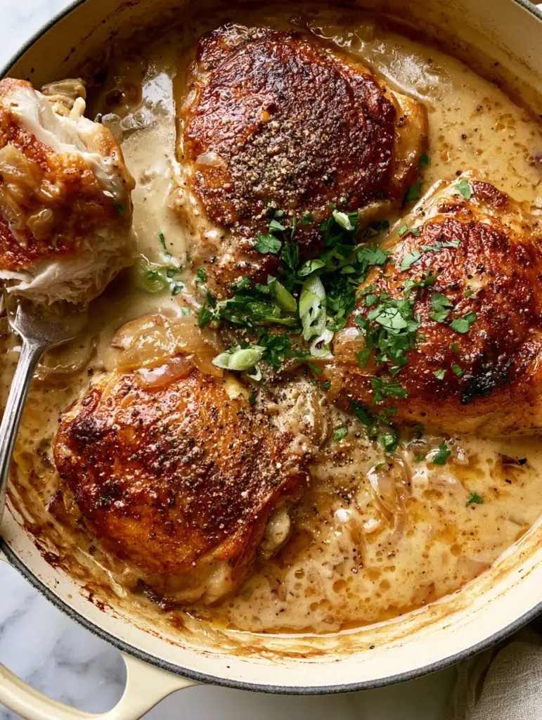 Smothered Chicken with Velvety Onion Gravy and Crispy Amber Skin 1 A silver fork lifting a piece of fork-tender smothered chicken from an enameled skillet. (smothered chicken)