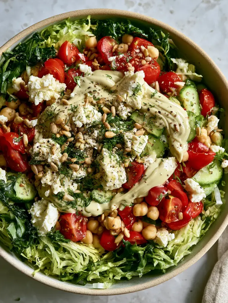 Vegetable Salad Recipe with Creamy Lemon-Tahini Dressing and Feta 1 Visual details of heirloom tomatoes and thick tahini dressing on the vegetable salad recipe.