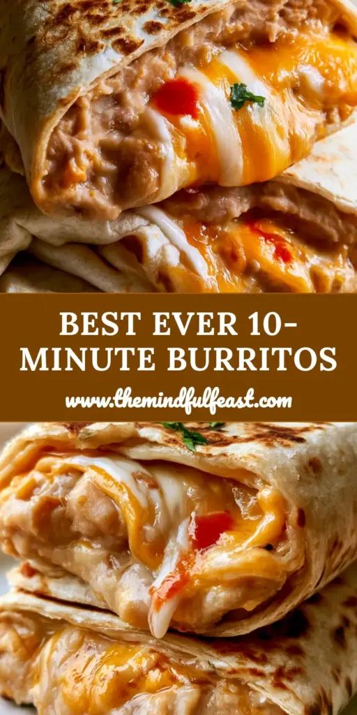 Vegetarian Bean and Cheese Burritos with Oozing Melted Cheese 4 A tall stack of sliced Vegetarian Bean and Cheese Burritos revealing a thick, oozing center of pinto beans and melted orange cheddar. (Vegetarian Bean and Cheese Burritos)