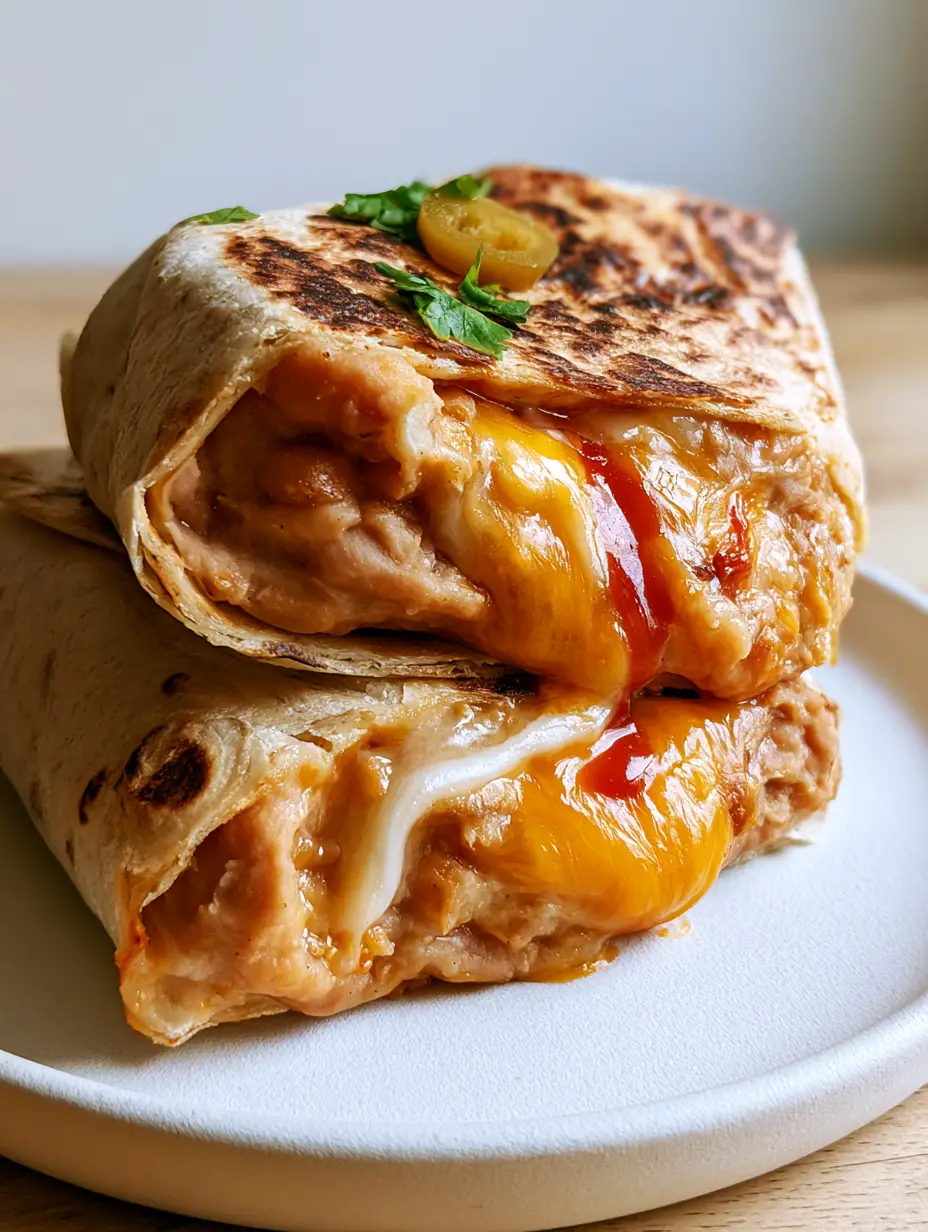 Vegetarian Bean and Cheese Burritos with Oozing Melted Cheese 3 Extreme close-up of a toasted flour tortilla with golden brown spots and melted cheese oozing out. (Vegetarian Bean and Cheese Burritos)