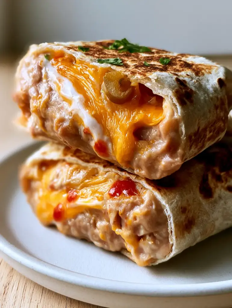 Vegetarian Bean and Cheese Burritos with Oozing Melted Cheese 1 A handheld shot of a bean and cheese burrito sliced in half showing lime crema and hot sauce droplets inside.