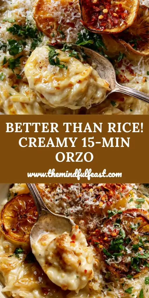 A shallow matte cream bowl of velvety orzo topped with charred lemon slices and micro-planed parmesan cheese.