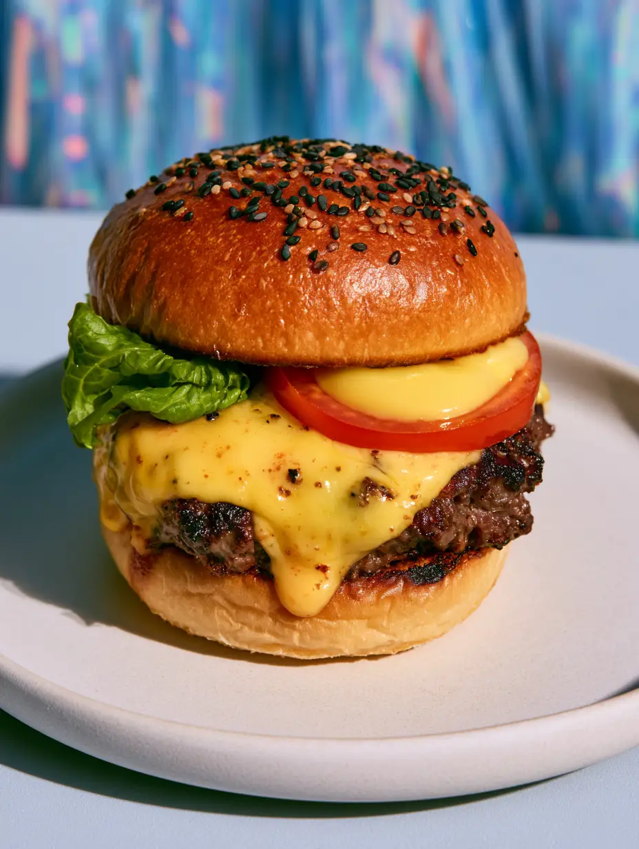 Detailed shot of a wagyu slider with dripping aged cheddar on a minimalist plate. (SpongeBob SquarePants birthday party)