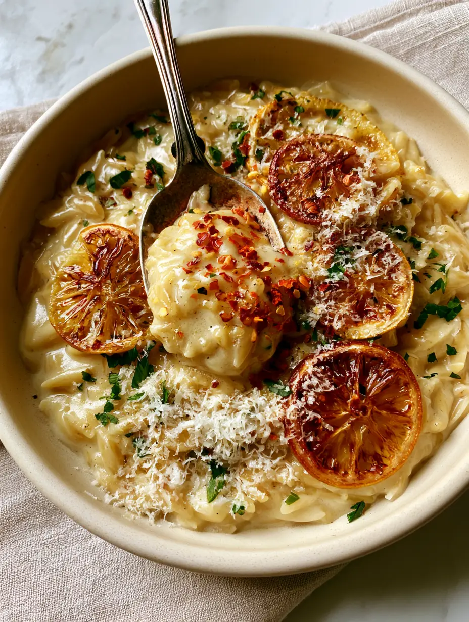 Top-down view of glossy pale gold orzo in a cream ceramic bowl with a vintage silver spoon.