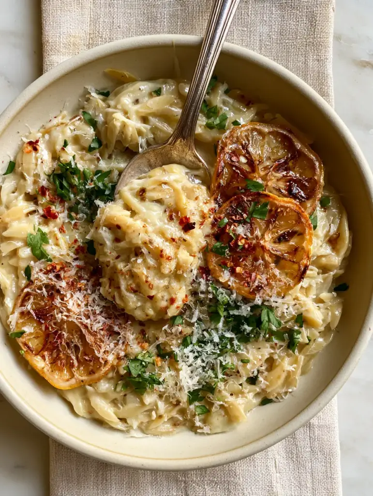 Close-up of charred lemon wheels and red chili flakes on top of creamy orzo pasta.