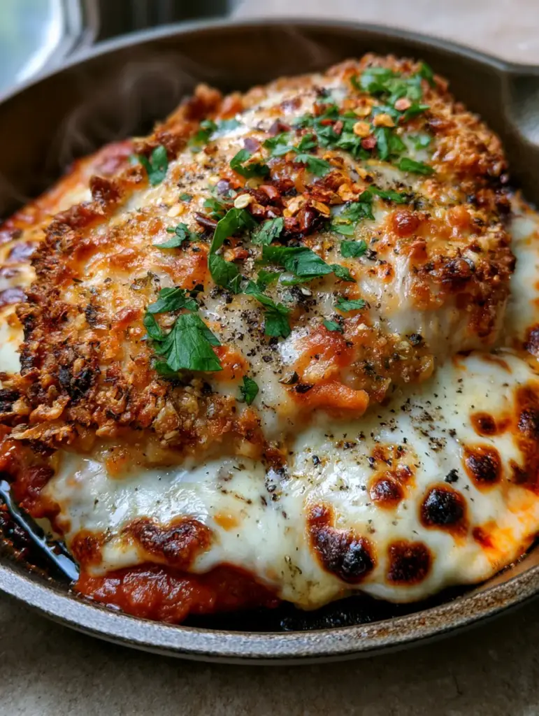 Crispy Parmesan Chicken with a Golden Skillet Crust 1 Bubbly mozzarella and provolone cheese with charred brown spots over thick marinara sauce on a piece of chicken. (Crispy Parmesan Chicken)