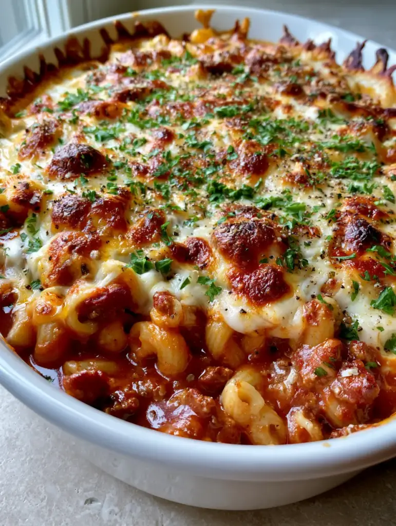 Ground Beef and Macaroni Casserole with a Bubbly Toasted Cheese Crust 2 Smartphone photo of cheesy ground beef and macaroni casserole in a white dish with steam rising. (ground beef and macaroni casserole)