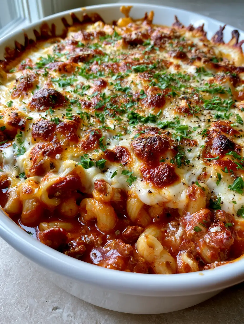 Ground Beef and Macaroni Casserole with a Bubbly Toasted Cheese Crust 3 Smartphone photo of cheesy ground beef and macaroni casserole in a white dish with steam rising. (ground beef and macaroni casserole)