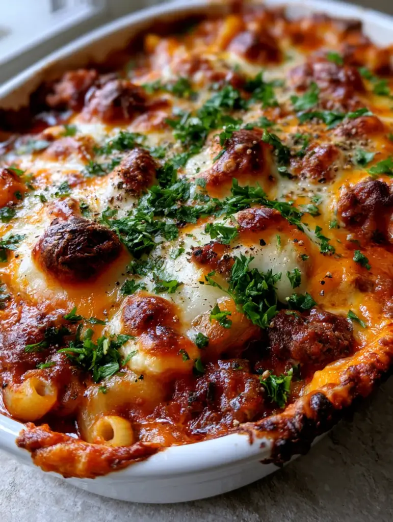 Ground Beef and Macaroni Casserole with a Bubbly Toasted Cheese Crust 1 Deep red tomato meat sauce mixed with elbow macaroni pasta in a white baking dish. (ground beef and macaroni casserole)