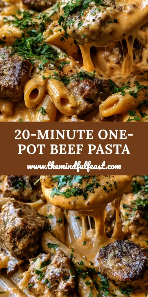 A close-up shot of creamy Beef Pasta in a cast iron skillet with a wooden spoon showing a cheese pull.