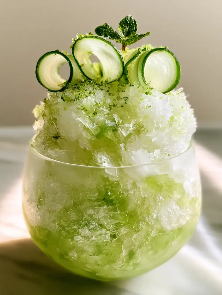 Cucumber Apple Shaved Ice: The Ultimate Refreshing Summer Treat 1 Cucumber apple shaved ice overflowing a glass bowl on a sun-drenched marble countertop.