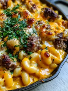 Close-up of glossy orange cheddar sauce coating elbow macaroni and seared ground beef in a beef and macaroni casserole.