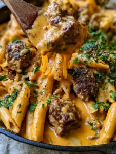 Macro photo of seared ground beef and penne pasta in a glossy orange cream sauce.