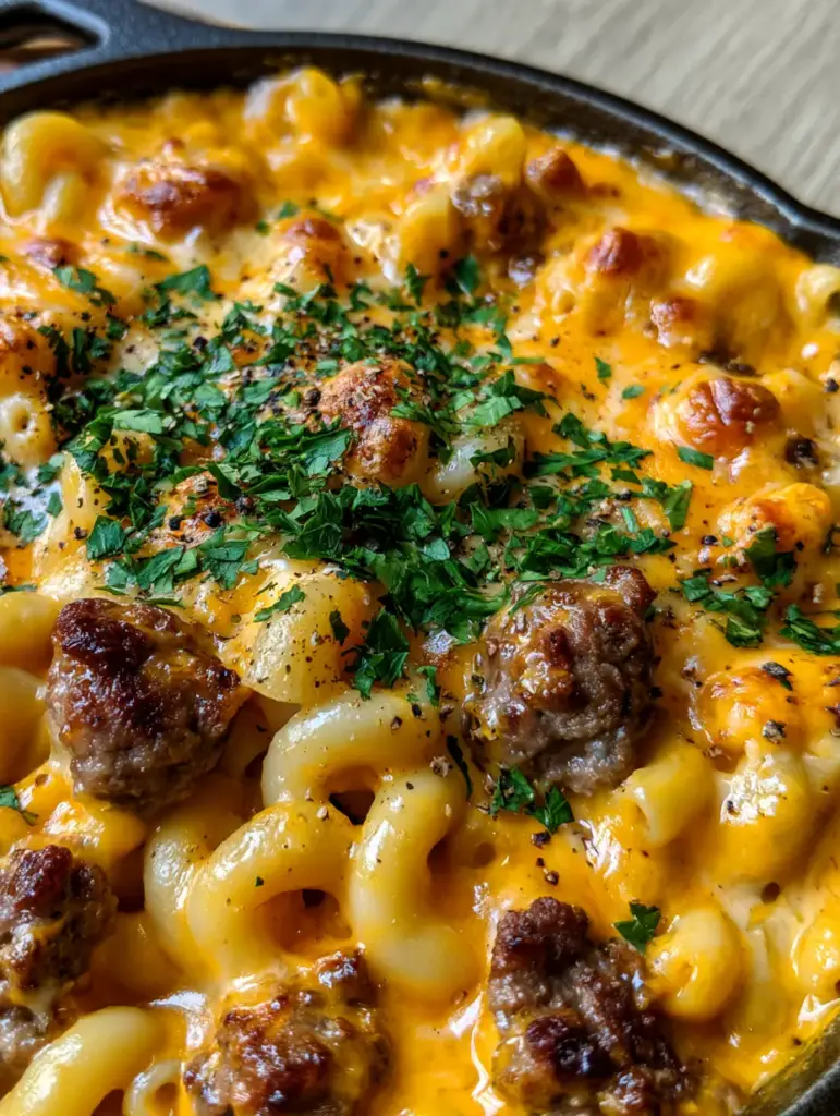beef and macaroni casserole: The Ultimate One-Pan Cheesy Comfort Food 1 Overhead view of a beef and macaroni casserole with golden-brown toasted cheese bubbles and cracked black pepper.