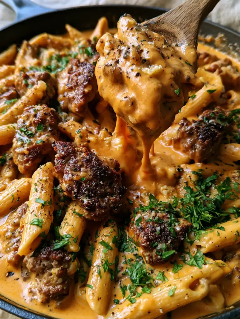 Handheld smartphone photo of a skillet of Beef Pasta garnished with parsley and cracked black pepper.