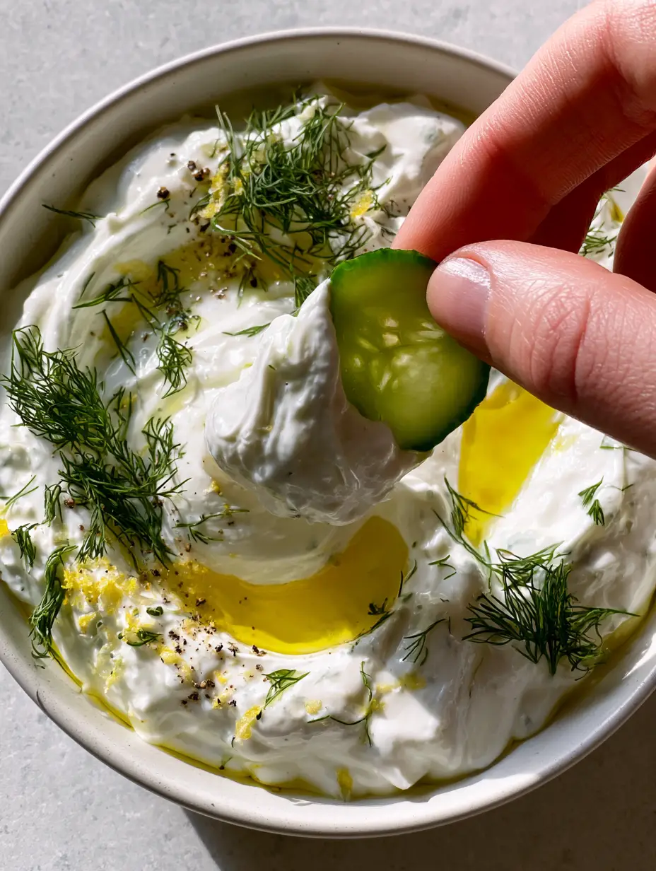 High-angle POV shot of a minimalist white bowl filled with velvety Greek yogurt cucumber dip garnished with dill and lemon zest.