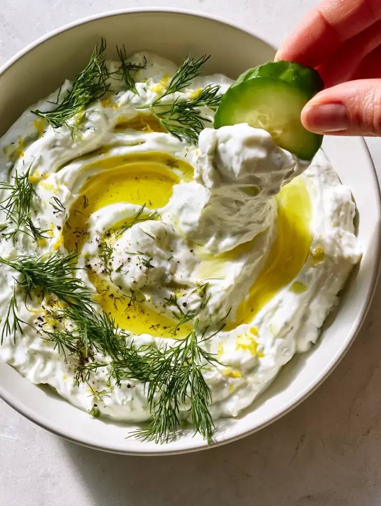 Close-up detail of swirls of olive oil and coarse black pepper on top of a creamy Greek yogurt cucumber dip.