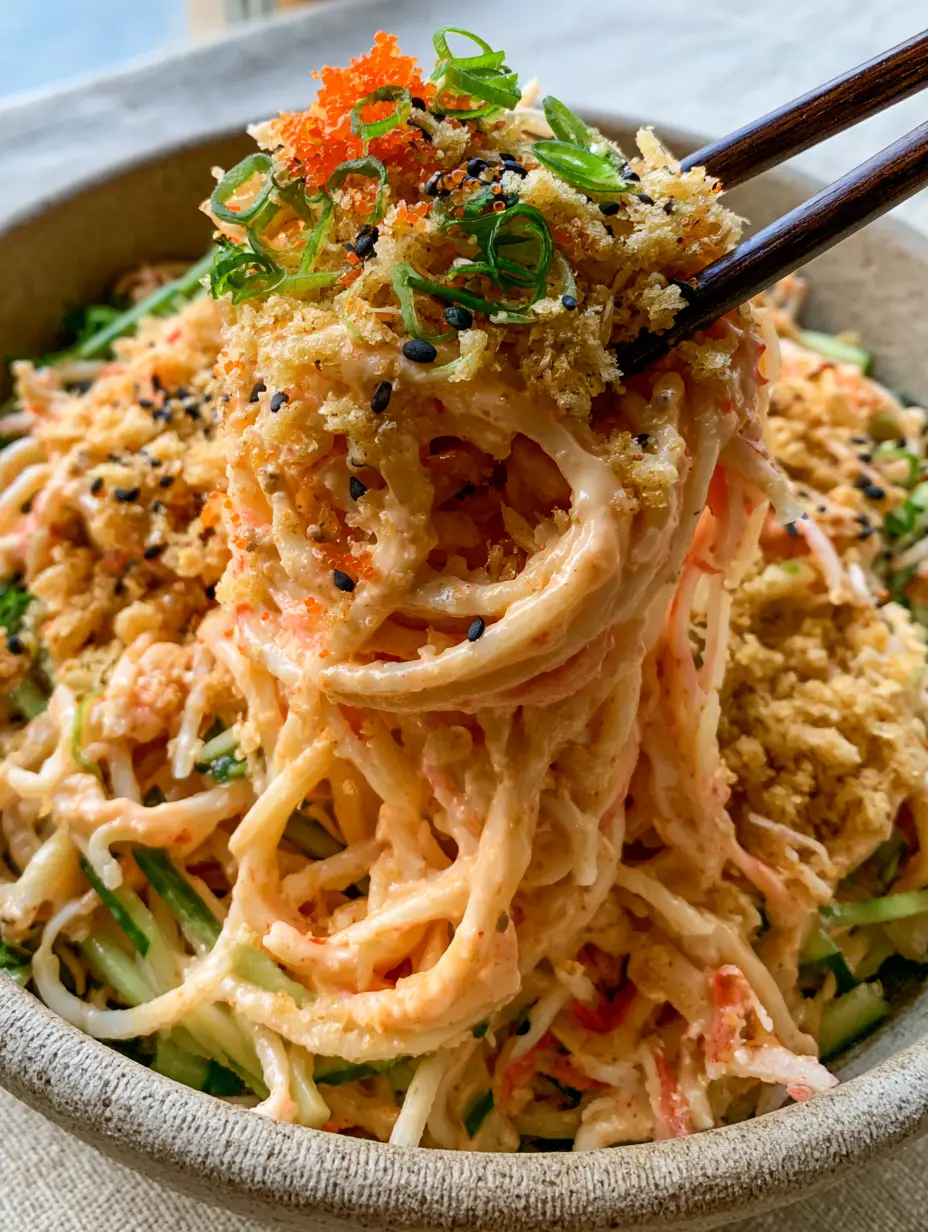 Cucumber Crab Salad with Spicy Mayo and Crunchy Panko 3 Extreme close-up of Cucumber Crab Salad showing the glossy spicy mayo and golden toasted panko breadcrumbs.