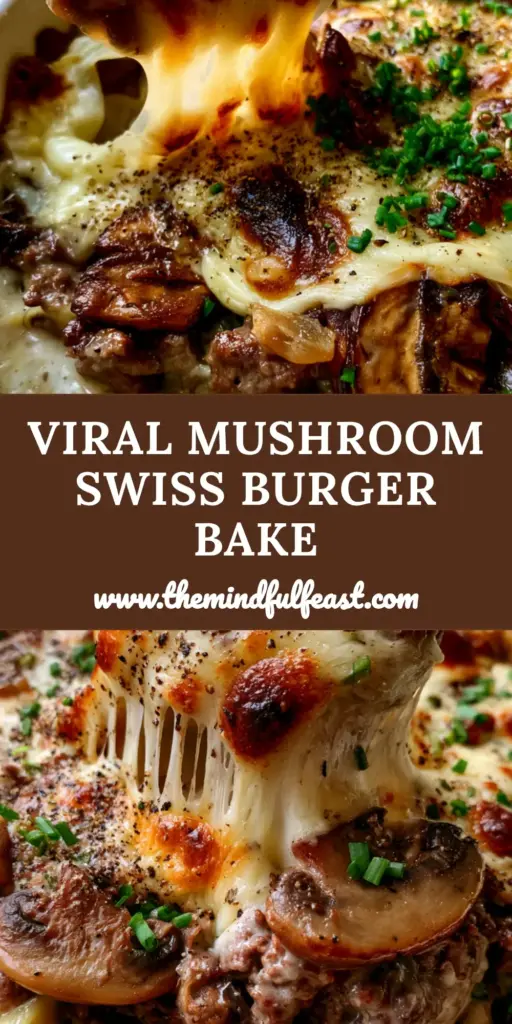 A close-up of Mushroom and Swiss burger casserole showing a wooden spoon lifting a serving with a stretchy cheese pull.