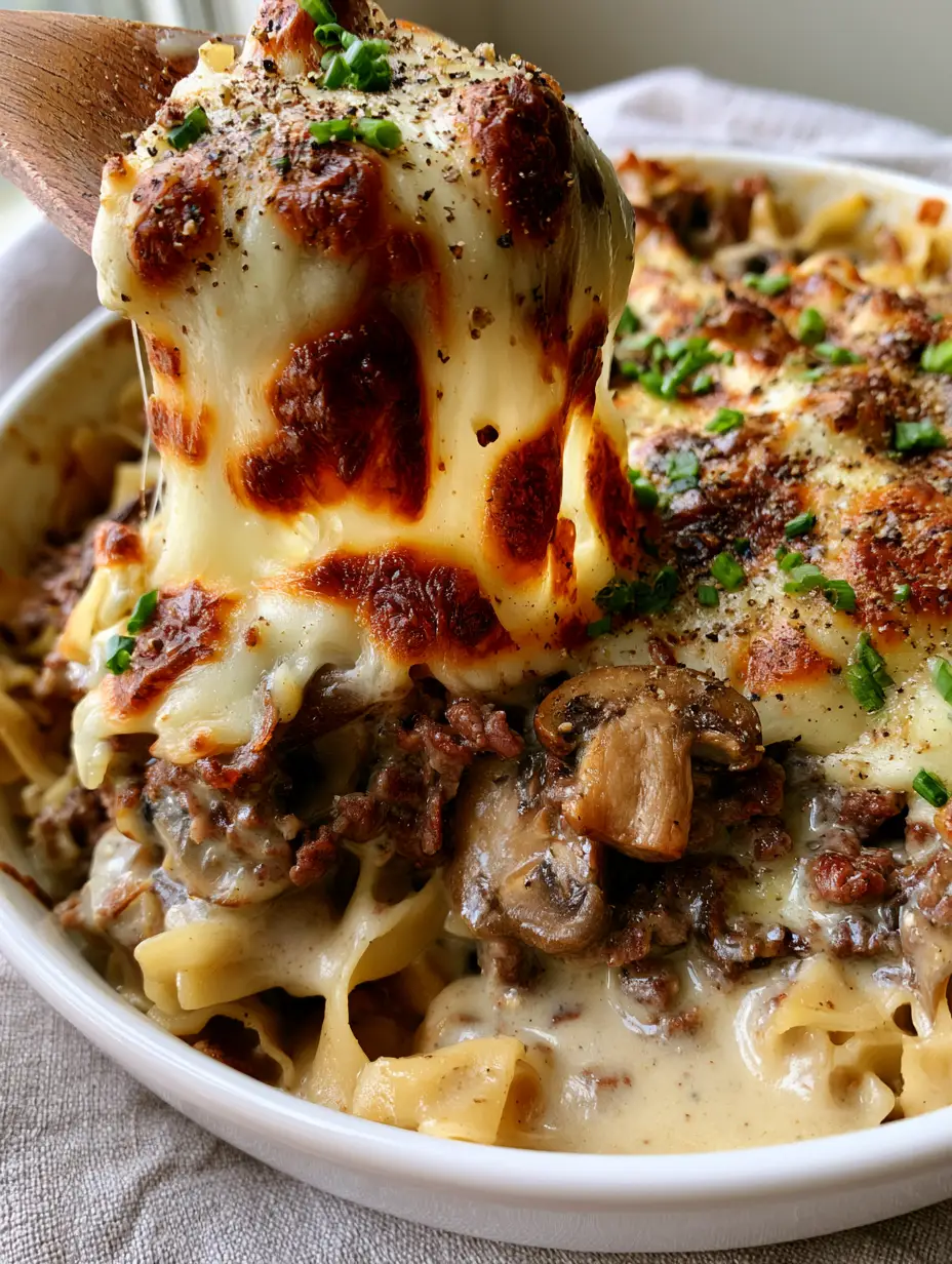 A macro shot of Mushroom and Swiss burger casserole featuring golden Swiss cheese bubbles and cracked black pepper.