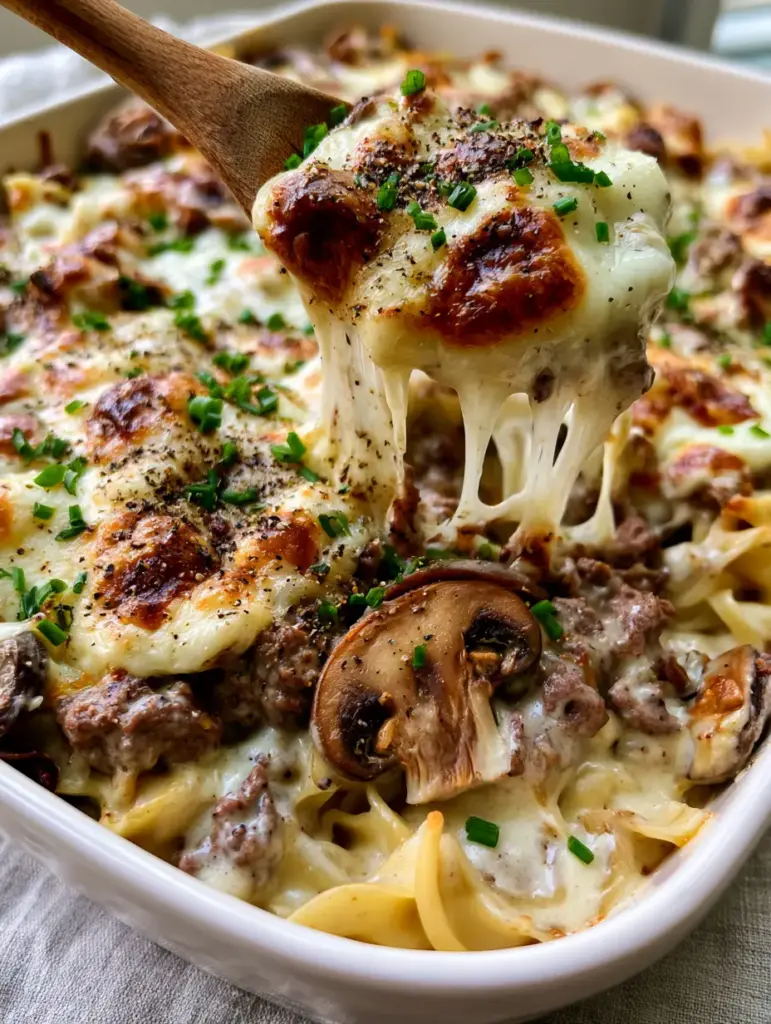Close-up of wide egg noodles drenched in white sauce under a layer of seared beef and cremini mushrooms.