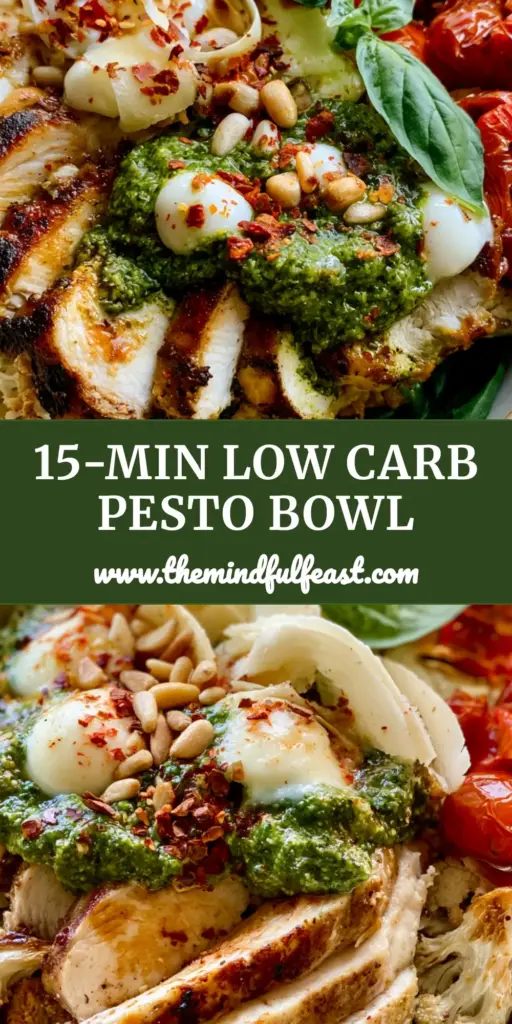 Chicken Pesto Parm Bowl: The Ultimate High-Protein Italian Roasted Dinner 4 A top-down view of a Chicken Pesto Parm Bowl featuring seared chicken, roasted cauliflower, and vibrant green pesto.