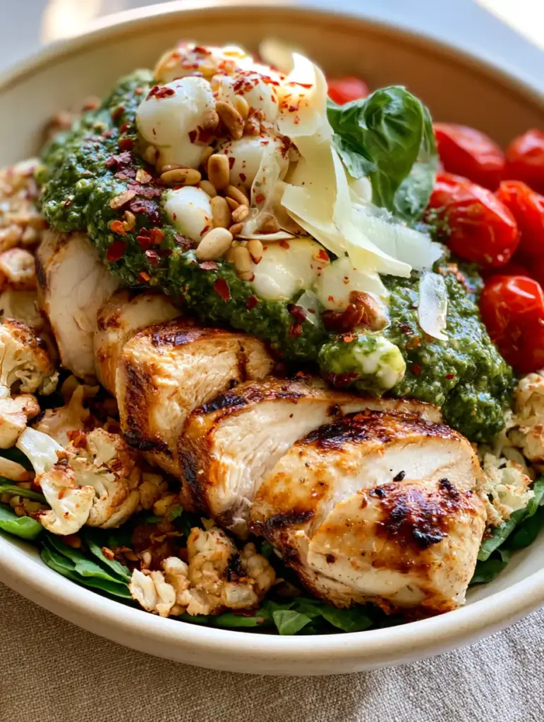 Chicken Pesto Parm Bowl: The Ultimate High-Protein Italian Roasted Dinner 1 A ceramic bowl containing roasted cauliflower, blistered tomatoes, and mozzarella pearls as part of a Chicken Pesto Parm Bowl.