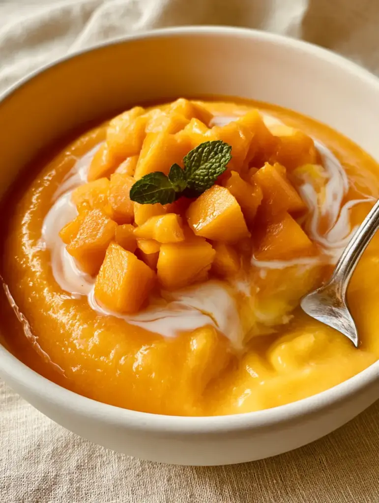 Close-up of a glossy mango pudding with a smooth wobbly surface and a single tiny sprig of fresh mint garnish. (Chinese Mango Pudding)