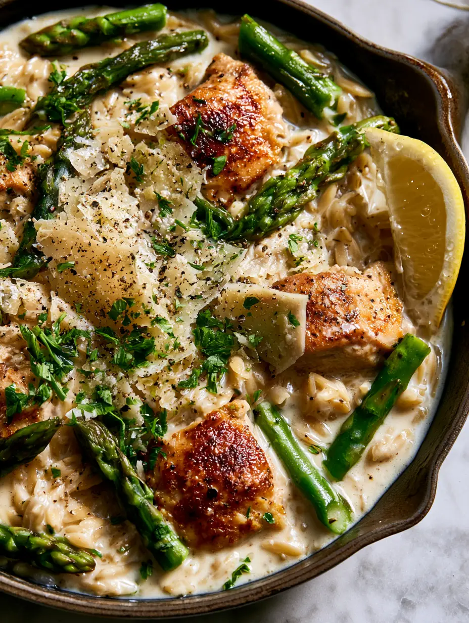 High-angle shot of glossy creamy parmesan orzo with chicken and asparagus, featuring golden chicken chunks and bright green asparagus spears.