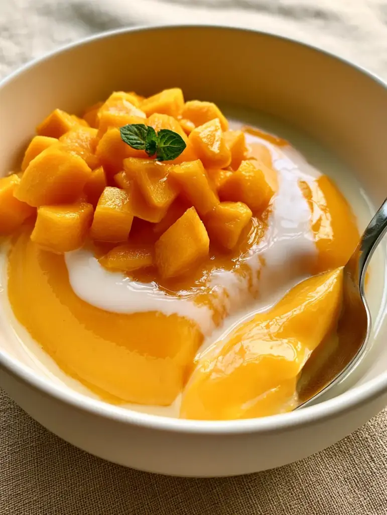 Chinese Mango Pudding: The Ultimate Silky Alphonso Dim Sum Dessert 1 A silver spoon taking a clean scoop out of a Chinese Mango Pudding to reveal its internal creamy texture.