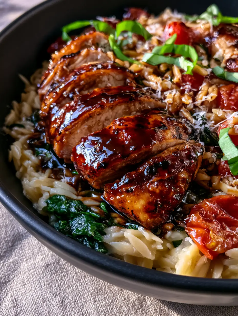 Balsamic Chicken Orzo: A Creamy One-Pan Masterpiece with Mahogany Glaze 3 Extreme macro shot of mahogany glazed chicken over creamy orzo with burst tomatoes and fresh basil ribbons. (balsamic chicken orzo)