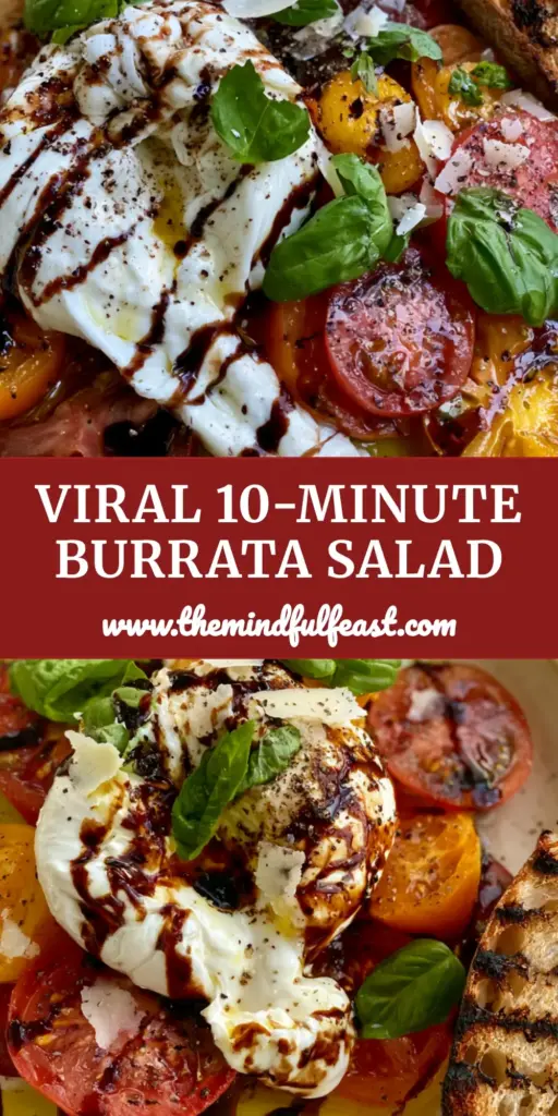 Tomato Burrata Salad with Charred Sourdough and Balsamic Glaze 4 A premium Tomato Burrata Salad with broken cheese and heirloom tomatoes on a cream plate. (Tomato Burrata Salad)